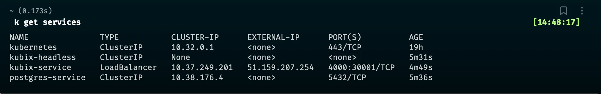 A screenshot of the terminal showing the results of the command k get services where we can see a kubix-service, of type LoadBalancer, internal terminaisons and external ones