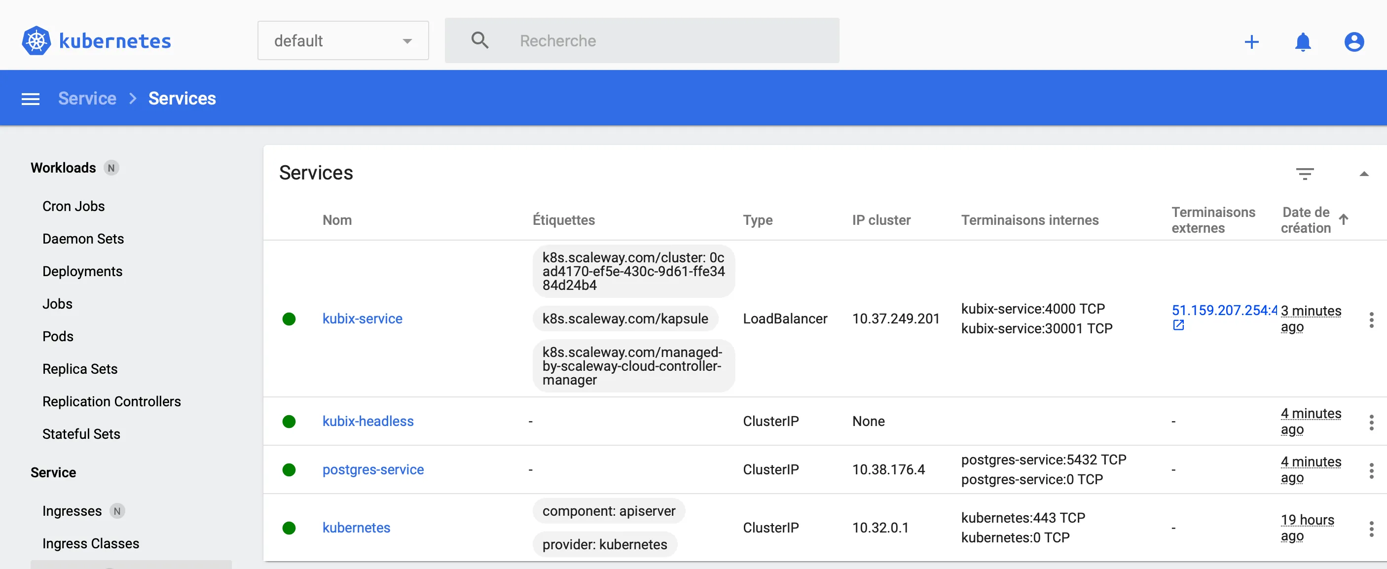 A screenshot of the Kubernetes dashboard where we can see a kubix-service, of type LoadBalancer, internal terminaisons and external ones that we can click