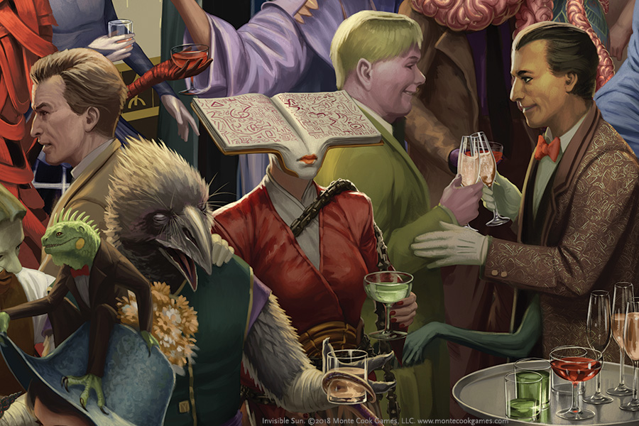 Some kind of socal party, with really strange looking attendants. Some are gecko-like, another is a raven humanoid. Someone head has been replaced by an open book. 