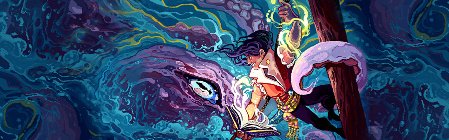 A close up of a pirate with a magical book, over the eye of a kraken. His ship is probably sinking. The drawing is super colorful and beautiful