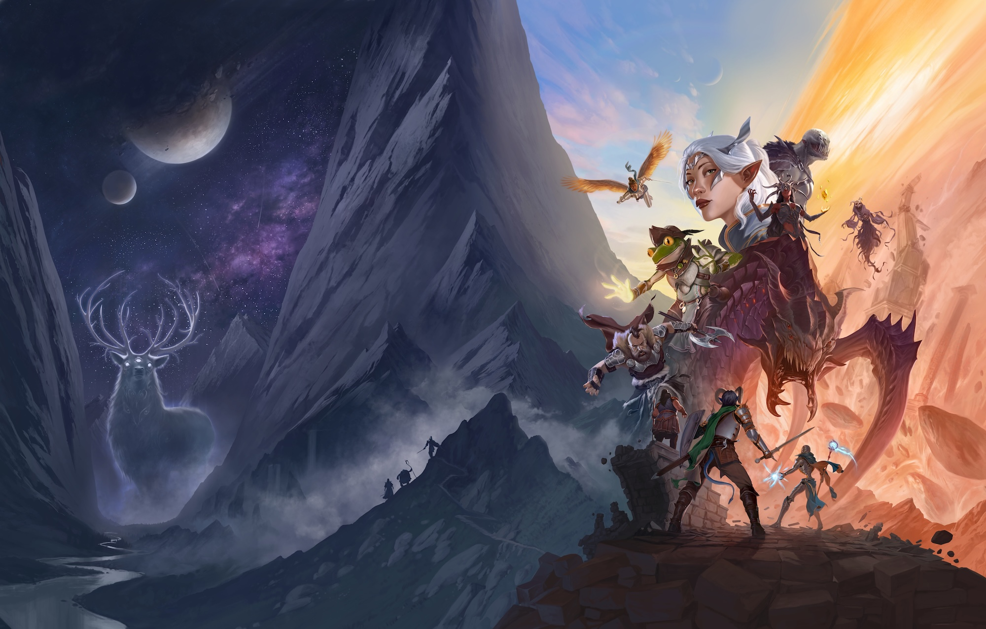 The image is divided in two. In the left, a strange looking deer, with 3 eyes, in a canyon traversed by a river and two moons over it. In the middle, one half of the canyon. In the right, a group of adventurers overlooking a dragon, itself looking at two fighters