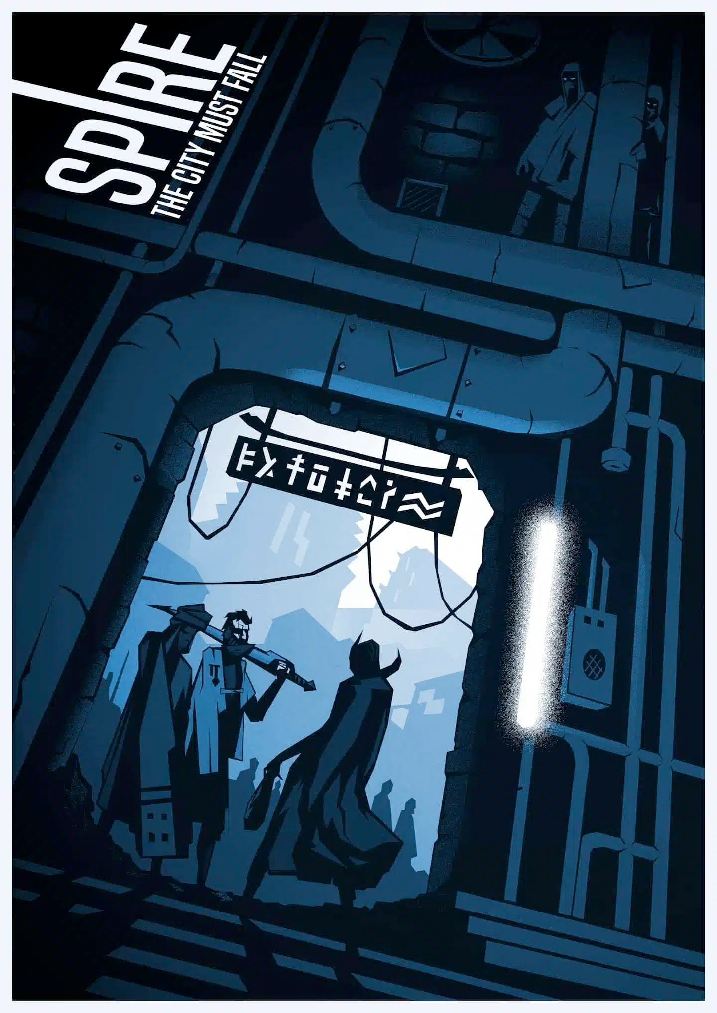 Almost cyberpunk like image, the city is very metallic, with lots of pipe, and a few characters in cape, with guns and weird looking swords. Some are hidden in the dark