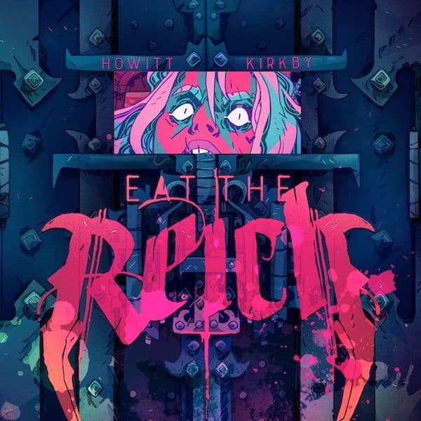 The cover for Eat the Reich. A metal coffin, with an opening for the eyes of a surprised/angry looking vampire. The title below, is written in a pinky blood