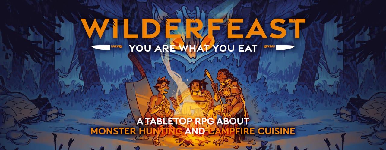 3 characters cooking, with animal like mutations (bird-like feet, hairy arms), and oversized cooking equipment, like a cleaver and pan. Behind them, in the forest, a big monster is coming