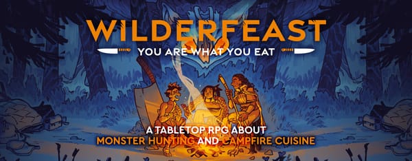 3 characters cooking, with animal like mutations (bird-like feet, hairy arms), and oversized cooking equipment, like a cleaver and pan. Behind them, in the forest, a big monster is coming